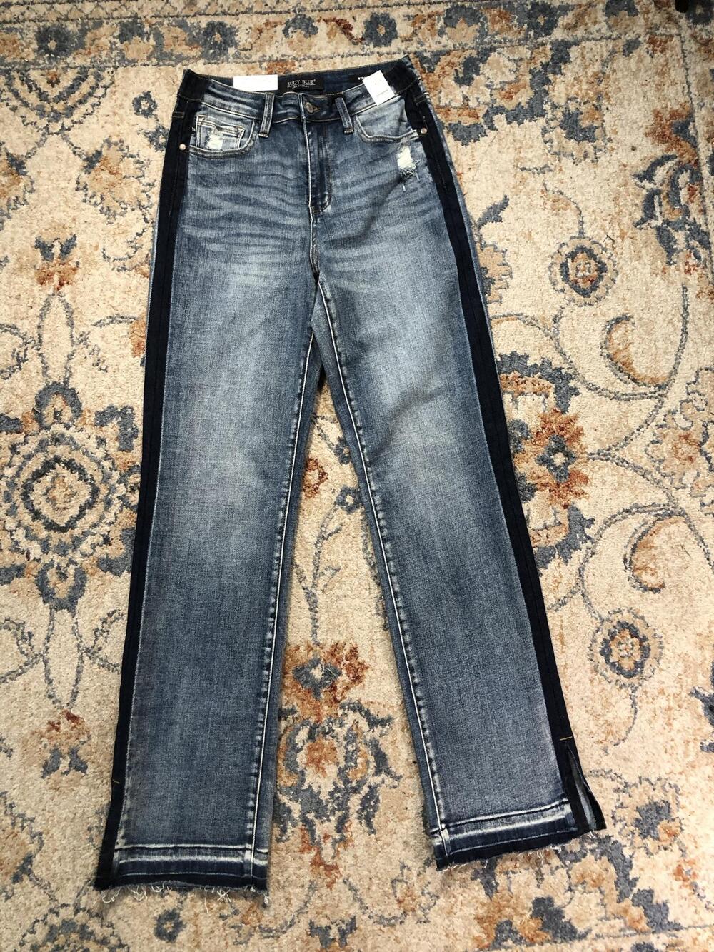 Judy Blue Straight Jeans Womens 27 Blue Med Wash Side Stripe Raw Hem Distressed